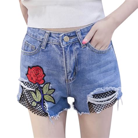 Plus Size Summer Mesh Patchwork Floral Embroidery Jean Women Shorts Ripped Hole Hollow Out Sexy