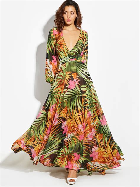 Floral Print V Neck Bishop Sleeve Vacation Womens Maxi Dress