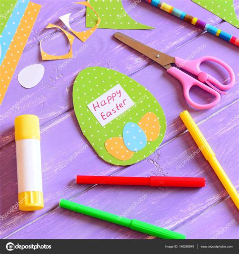 Happy Easter Card In Egg Shape Materials And Tools To Create Easter