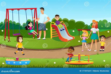 Niños De Dibujos Animados Juegan Al Parque De Juegos Del Swing Slide