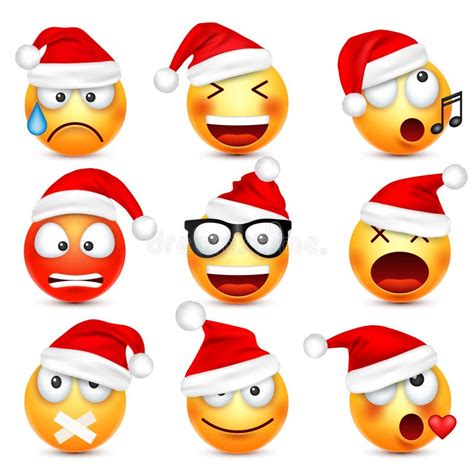 Smileyemoticon Set Yellow Face With Emotions And Christmas Hat New