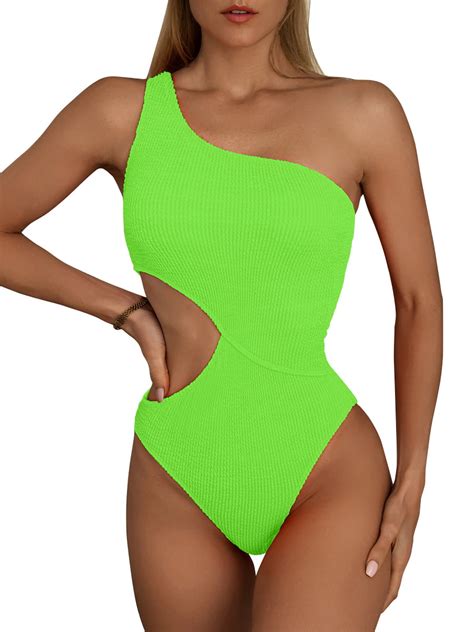 Inadays Womens One Piece Swimsuit One Shoulder Swimwear Waist Cutout Swimsuit Bright Green Xl