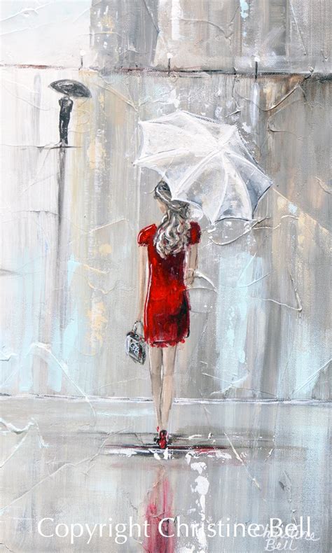 Original Art Abstract Painting Fashion Woman Red Dress Umbrella Girl Contemporary Art By Christine