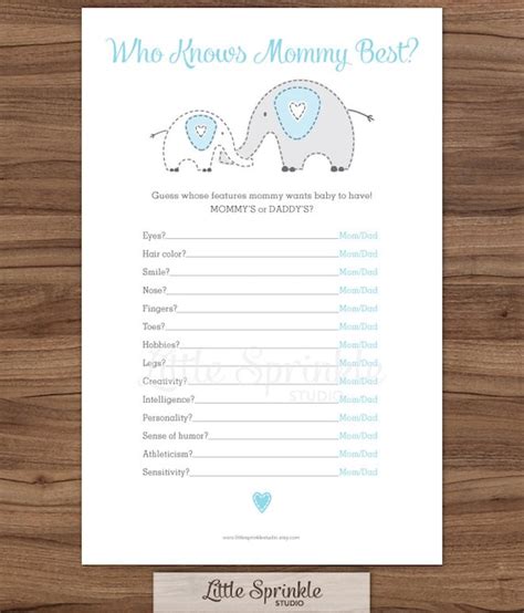Who Knows Mommy Best Blue Elephant Baby Boy Shower Game