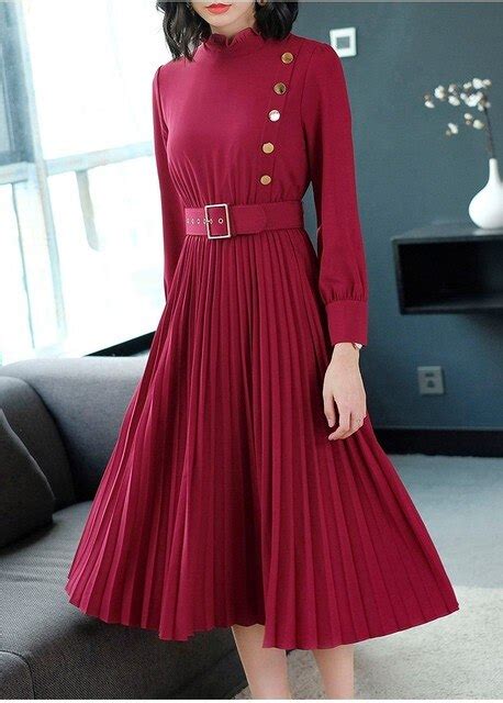 2018 New Design Womens Fashion Pleated Red Dresses Girls Casual Korean Style Sleeve Slim Dress