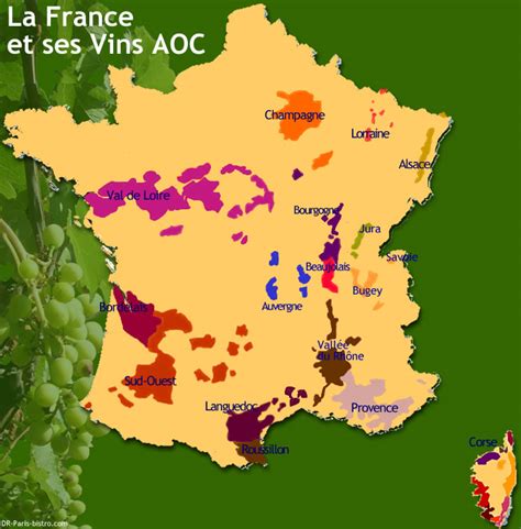 Cette image est une carte des régions des vins de france. La carte des Vins AOC - Paris-Bistro