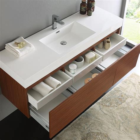 Fresca Mezzo 60 In Modern Wall Hung Bath Vanity In Teak With Vanity