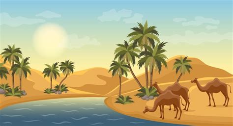 Desert Oasis With Palms Nature Landscape Scene Illustration Egypt Hot