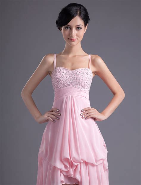 A Line Pink Chiffon Beading Straps Asymmetrical Womens Prom Dress