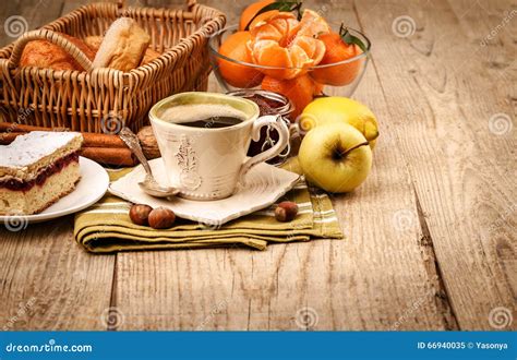 Morning Breakfast With Coffee And Fruits Stock Photo Image 66940035