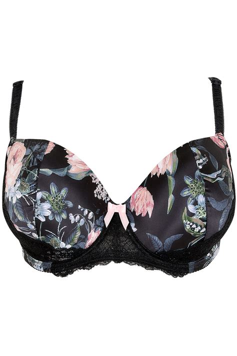 black and multi floral satin underwired bra with moulded cups yours clothing