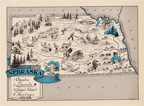 30s Vintage Nebraska Picture Map Pictorial Nebraska State Etsy