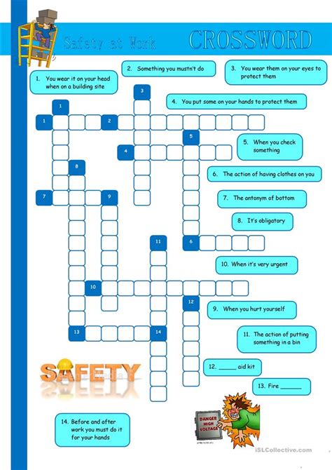 Use our free worksheets in conjunction with our test room feature to give online assessments or use our printable worksheets as part of classroom activities or short quizzes. Safety at Work - Crossword worksheet - Free ESL printable worksheets made by teachers