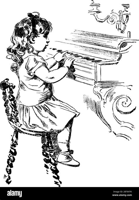 Little Girl Sitting On The Chair And Playing Piano Vintage Line