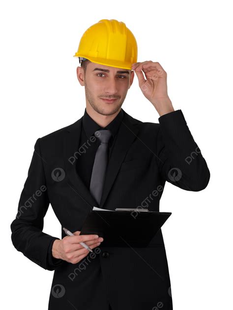 Man With Hard Hat Holding Clipboard Engineer Yellow Architect Wear