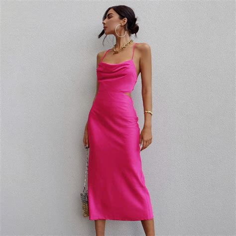 Pink Outfits Hot Pink Aesthetic Satin Dress Tgc Fashion