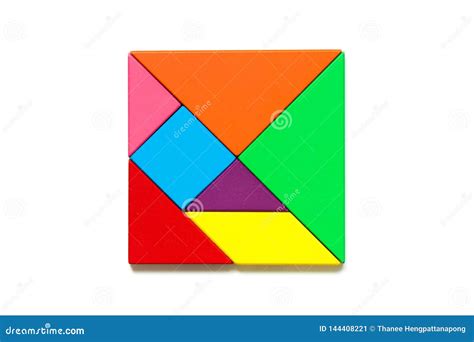 Color Wood Tangram Puzzle In Square Shape On White Background Stock