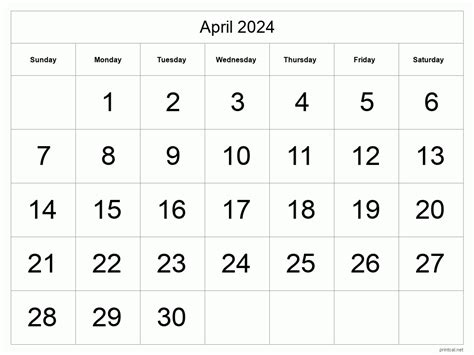 Printable April 2024 Calendar Big Dates