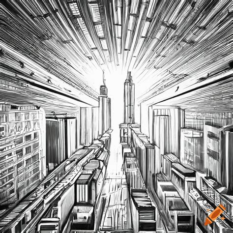 Black And White Drawing Of Futuristic City From A Top View