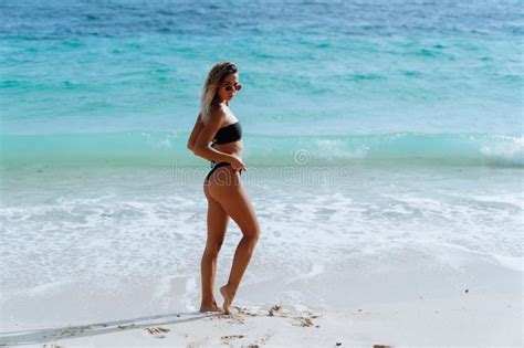 Sylwetka Pi Kny Seksowny Kobieta Model W Czarnym Bikini Pozuje I Garbnikuj Cym B Kitnym