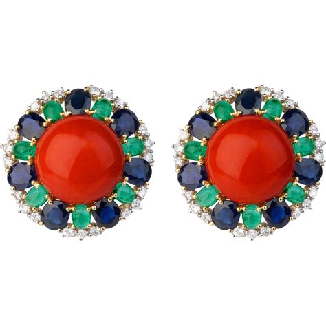 Coral Earrings with Diamonds, Sapphires & Emeralds from baglioni on RubyLUX