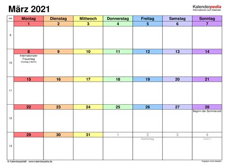 Laden sie die kalender mit feiertagen 2021 zum ausdrucken. Kalender März 2021 als Excel-Vorlagen