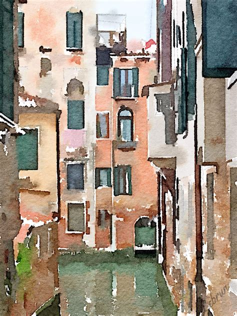 Watercolor Painting Of An Alleyway In Venice Italy With Buildings On