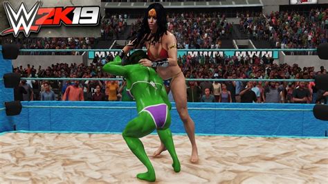 Wonder Woman V She Hulk Wwe 2k19 Requested Beach Party Falls Count Anywhere Iron Woman Match