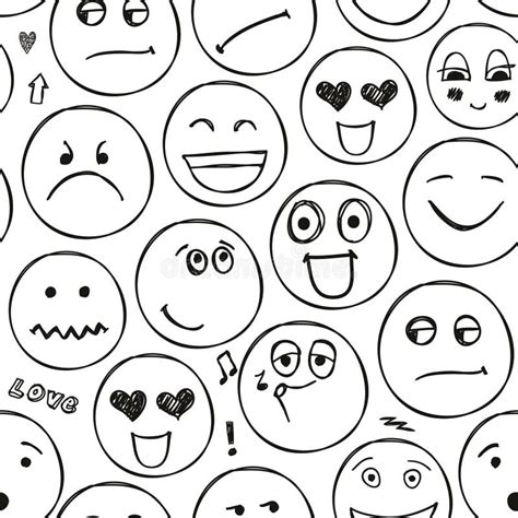 Vector Faces Seamless Pattern Emotions Doodle Freehand Drawing