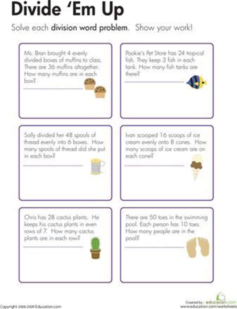 Grade 2 addition, subtraction and multiplication mixed word problem worksheets. Division Word Problems: Divide 'Em Up! | Math division ...