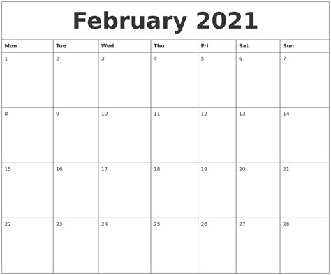 Full Page February 2021 Calendar Printable Calendar 2021
