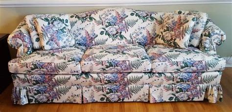 Clayton Marcus Skirted Floral Three Seater Sofa With 4 Throw Pillows