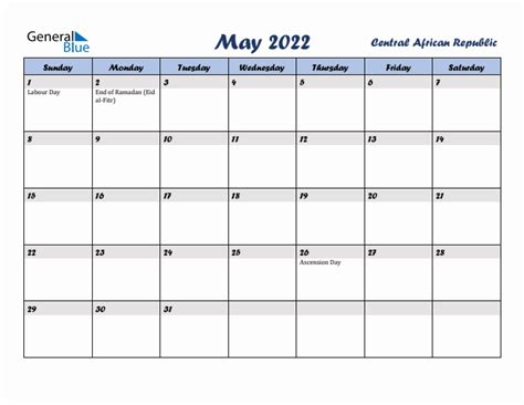 May 2022 Monthly Calendar With Central African Republic Holidays