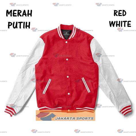 Jual Jaket Varsity Merah Lengan Putih Baseball Pria Wanita Murah Jacket