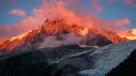 Mont Blanc Mountain Range View On Peak And Glacier At Sunset Chamonix