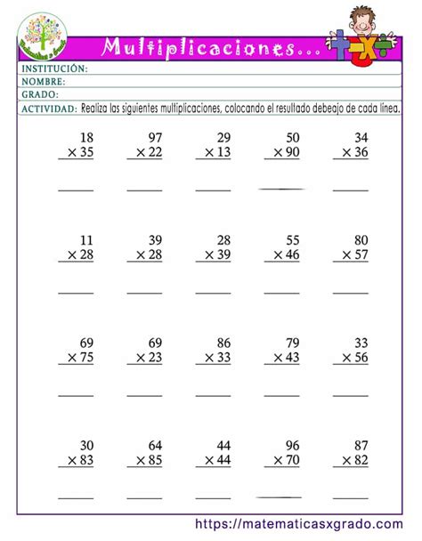 Ejercicios De Multiplicación De 2 Dígitos Dos Cifras