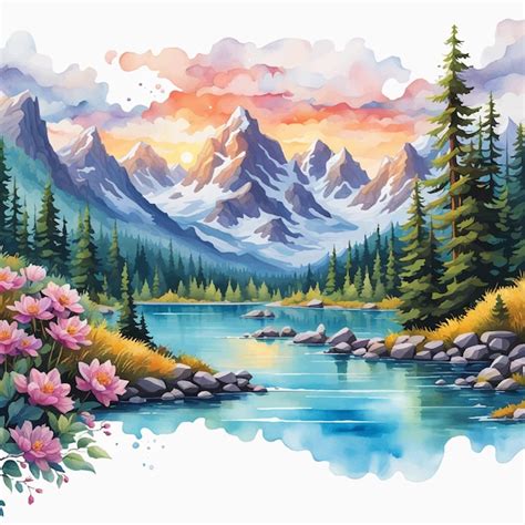 Premium Vector Vector Mountain Landscape With River And Background