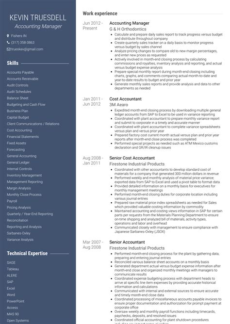 Here is the financial accounting manager resume example: Accounting Manager - Resume Samples and Templates | VisualCV