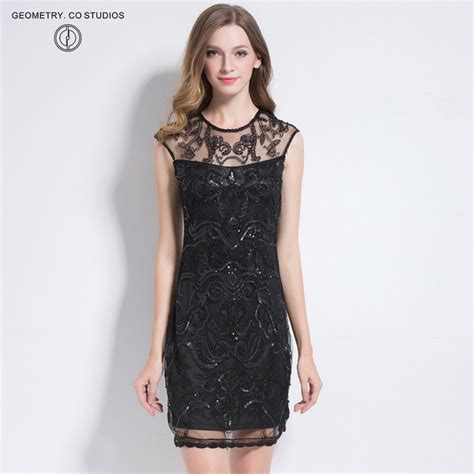 2019 spring sequins black lace dress voile translucent sexy empire dress women party luxury