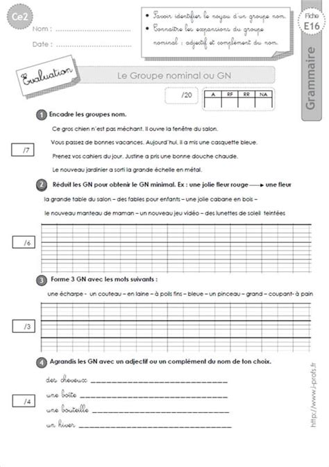 11) un exercice de français gratuit pour apprendre le. ce2: Evaluation le groupe nom GRAMMAIRE