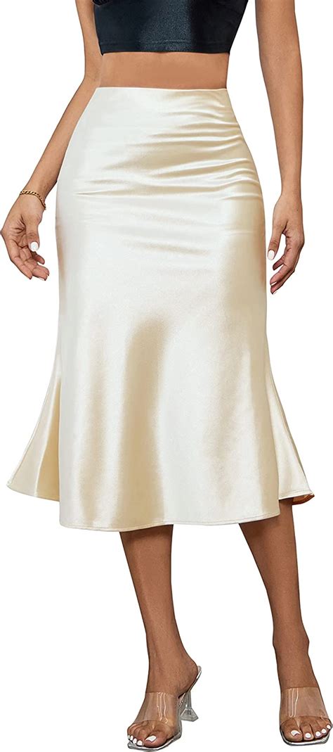 Alcea Rosea Womens High Waist Midi Skirt Fishtail Silky Satin Skirt