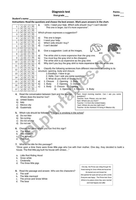 Diagnosis Test First Grade Secondary School Esl Worksheet By Vonchis