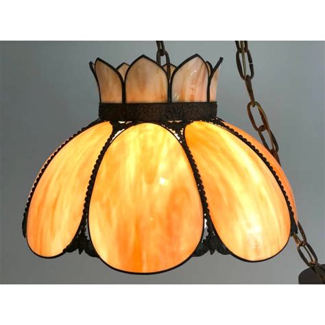 Vintage 1960s Tiffany Style Slag Glass Swag Hanging Lamp Light Fixture