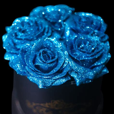 Belle Fleuriste Blue Glitter Roses Black Box 5 Roses Bellefleuristeuk