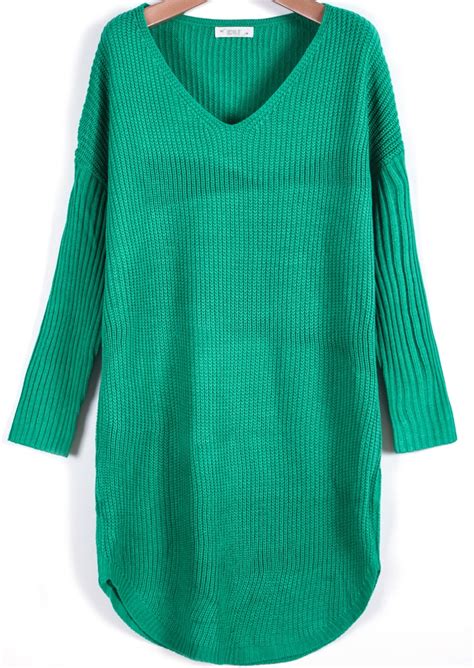 Green V Neck Long Sleeve Loose Sweater Shein Sheinside