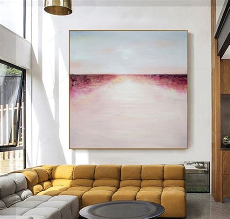 Large Pink Wall Painting Ocean Sunset Painting Blue Sky Etsy