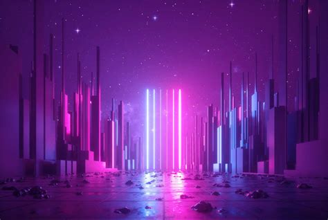 3d Abstract Neon Background Glowing Ultraviolet Vertical Lines Cyber