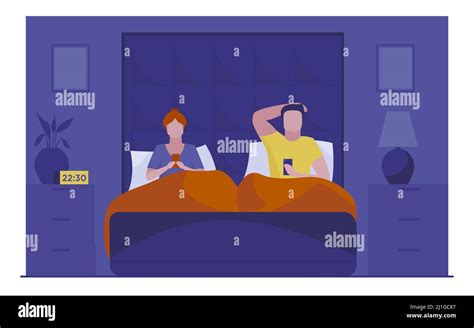 Couple Resting In Bed And Using Smartphones Addicted Users Checking