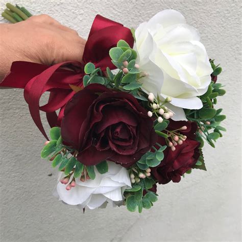 A Bridesmaids Bouquet Of Ivory And Burgundy Silk Rose Flowers Abigailrose
