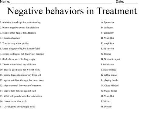 Negative Behaviors In Treatment Worksheet Wordmint